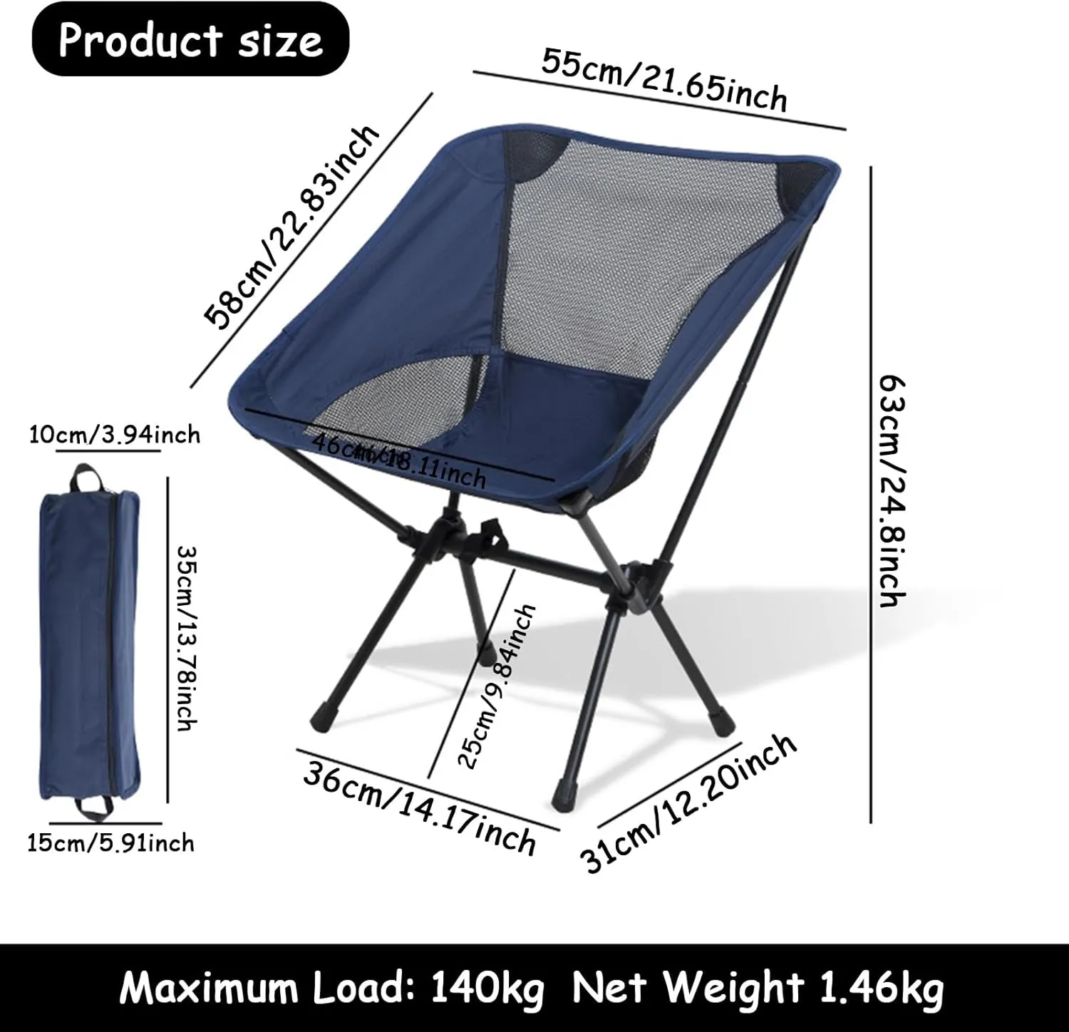Outdoor Folding Chairs, Portable Camping Chair with Storage Bag, Support up to 300Lbs, Ultralight Compact Foldable Backpacking Chair for Beach Hiking Picnic Fishing Camp Travel,Navy Blue