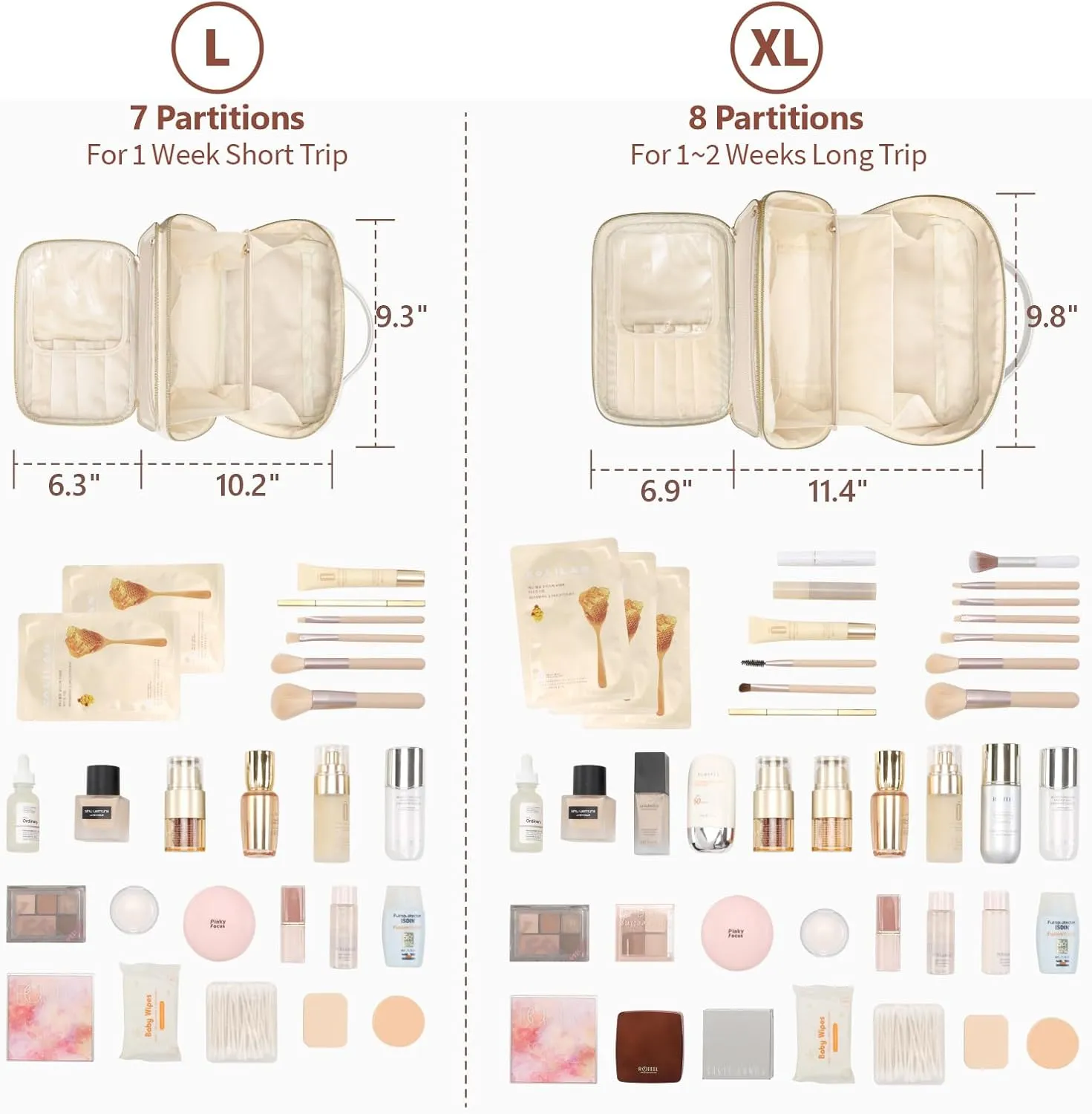 PACKISM PU Leather Travel Makeup Bag for Women - Plaid Open Flat Cosmetic Bags for Women with Compartments, Brush Holder, Large Waterproof Make Up Organizer for Travel Bathroom Cruise, Cream (L)