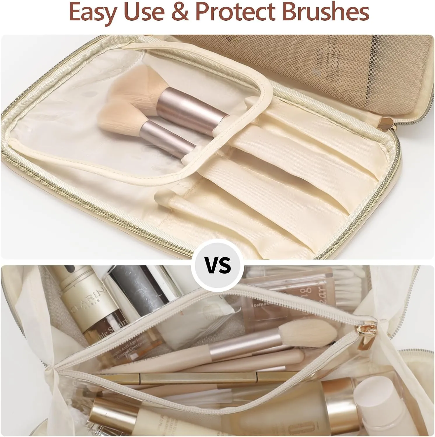 PACKISM PU Leather Travel Makeup Bag for Women - Plaid Open Flat Cosmetic Bags for Women with Compartments, Brush Holder, Large Waterproof Make Up Organizer for Travel Bathroom Cruise, Cream (L)