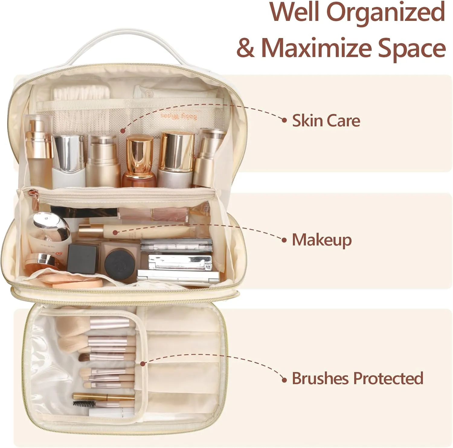 PACKISM PU Leather Travel Makeup Bag for Women - Plaid Open Flat Cosmetic Bags for Women with Compartments, Brush Holder, Large Waterproof Make Up Organizer for Travel Bathroom Cruise, Cream (L)