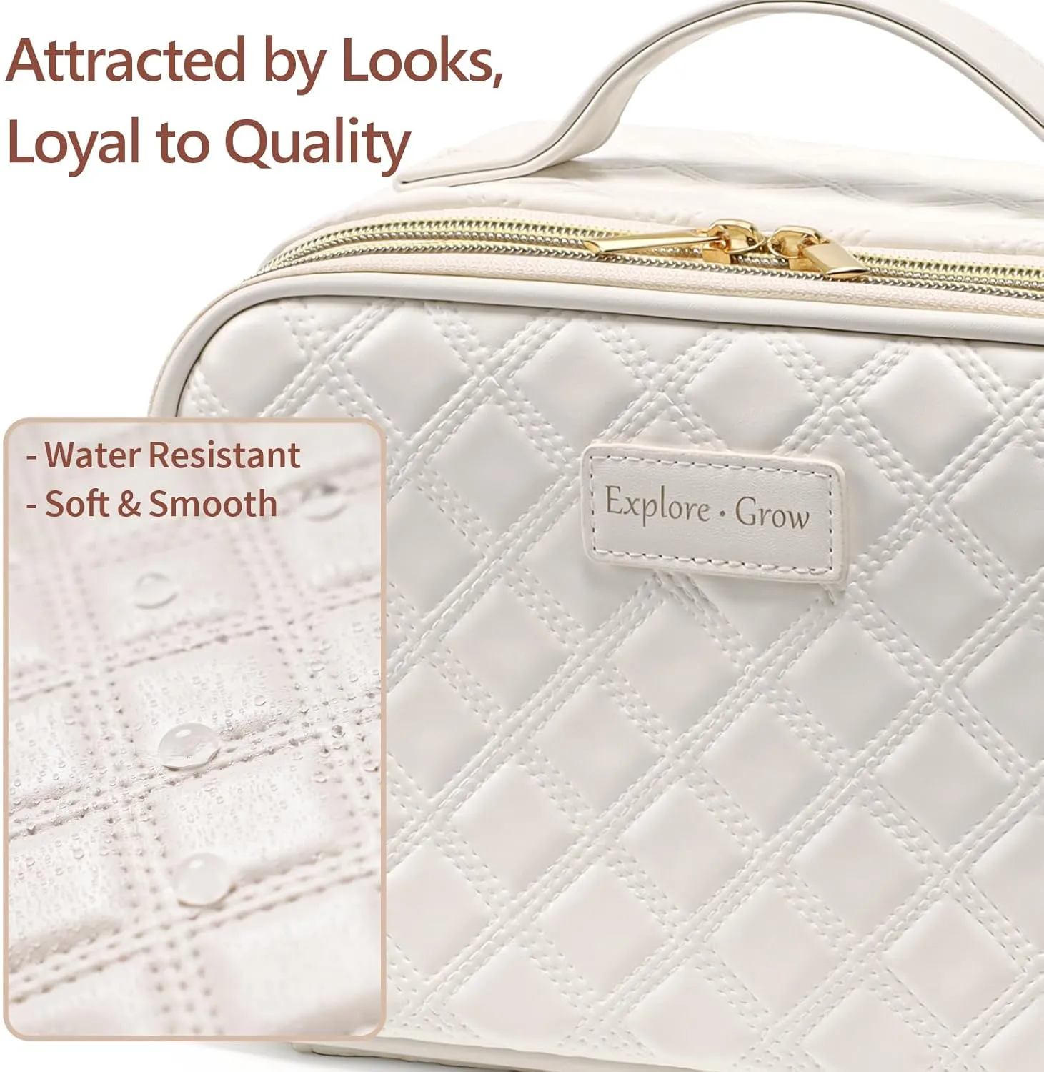 PACKISM PU Leather Travel Makeup Bag for Women - Plaid Open Flat Cosmetic Bags for Women with Compartments, Brush Holder, Large Waterproof Make Up Organizer for Travel Bathroom Cruise, Cream (L)