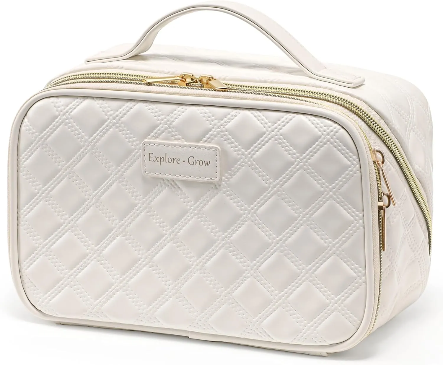 PACKISM PU Leather Travel Makeup Bag for Women - Plaid Open Flat Cosmetic Bags for Women with Compartments, Brush Holder, Large Waterproof Make Up Organizer for Travel Bathroom Cruise, Cream (L)