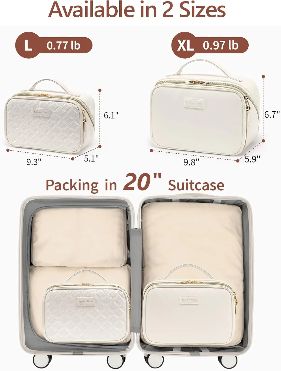 PACKISM PU Leather Travel Makeup Bag for Women - Plaid Open Flat Cosmetic Bags for Women with Compartments, Brush Holder, Large Waterproof Make Up Organizer for Travel Bathroom Cruise, Cream (L)