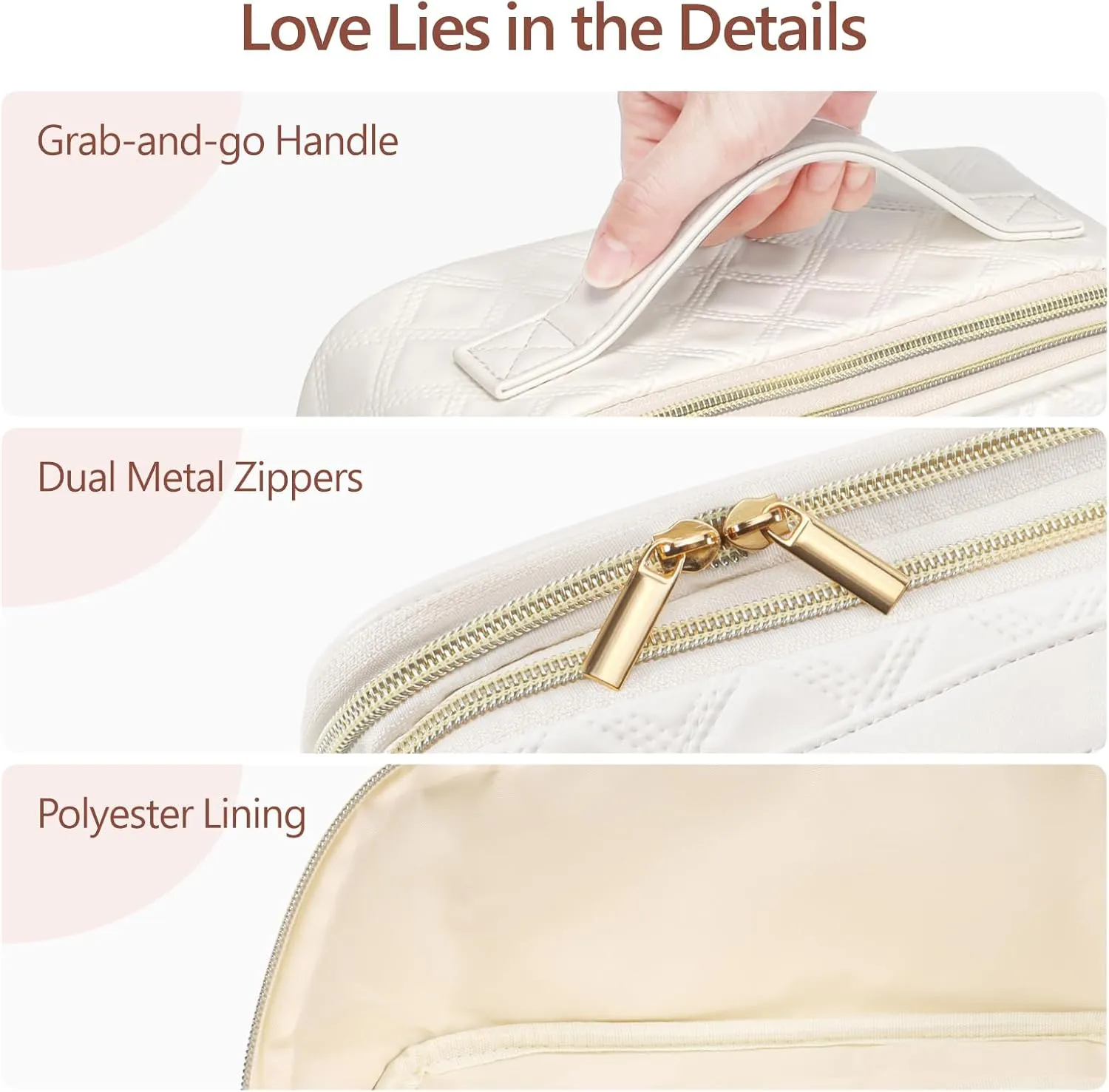 PACKISM PU Leather Travel Makeup Bag for Women - Plaid Open Flat Cosmetic Bags for Women with Compartments, Brush Holder, Large Waterproof Make Up Organizer for Travel Bathroom Cruise, Cream (L)