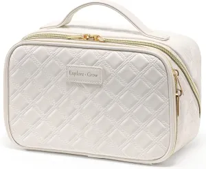 PACKISM PU Leather Travel Makeup Bag for Women - Plaid Open Flat Cosmetic Bags for Women with Compartments, Brush Holder, Large Waterproof Make Up Organizer for Travel Bathroom Cruise, Cream (L)