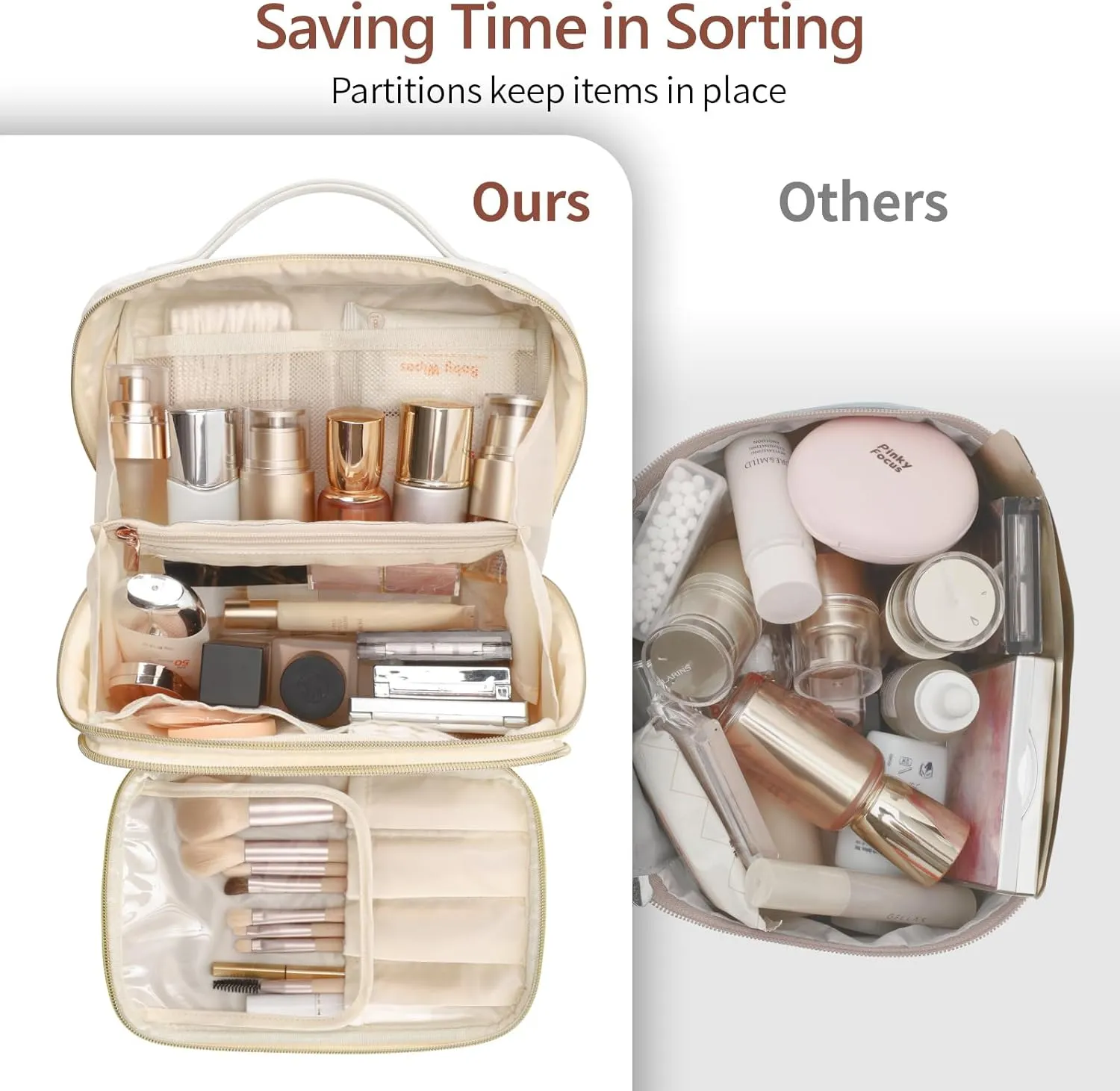 PACKISM PU Leather Travel Makeup Bag for Women - Plaid Open Flat Cosmetic Bags for Women with Compartments, Brush Holder, Large Waterproof Make Up Organizer for Travel Bathroom Cruise, Cream (L)