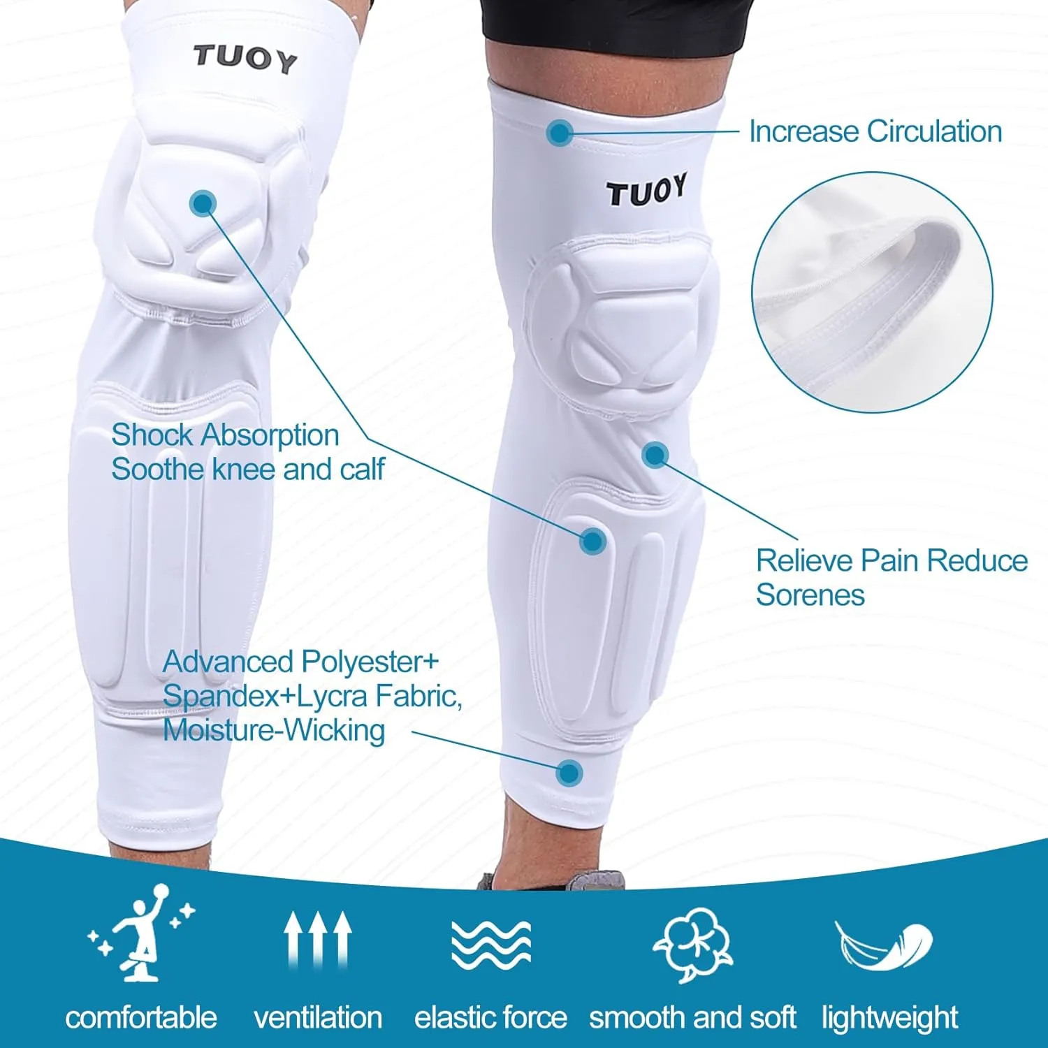 Padded Knee Calf Pads Compression Leg Sleeve Thigh Protector Gear Shin Brace for Football Basketball Volleyball Soccer Baseball for Adult (1 Pair)