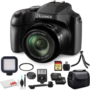 Panasonic Lumix DC-FZ80D Digital Camera (DC-FZ80DK) - Bundle - with 64GB Memory Card   LED Video Light   DMW-BMB9 Battery   Digital Flash   Soft Bag   12 Inch Flexible Tripod   Cleaning Set   More