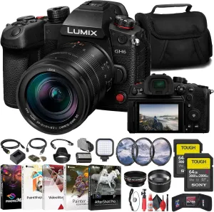 Panasonic Lumix GH6 Mirrorless Camera with 12-60mm f/2.8-4 Lens (DC-GH6LK)   2 x Sony 64GB Tough SD Card   Filter Kit   Wide Angle Lens   Telephoto Lens   Lens Hood   LED Light   More (Renewed)
