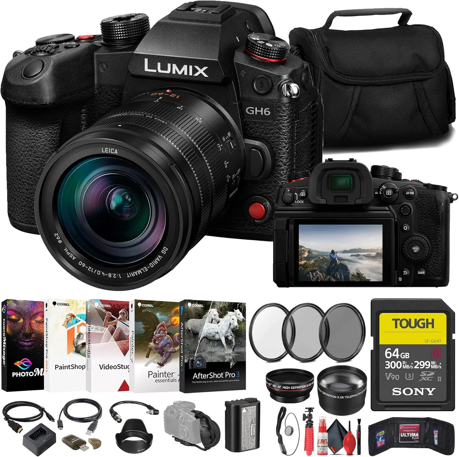Panasonic Lumix GH6 Mirrorless Camera with 12-60mm f/2.8-4 Lens (DC-GH6LK)   Sony 64GB Tough SD Card   Filter Kit   Wide Angle Lens   Telephoto Lens   Lens Hood   More (Renewed)
