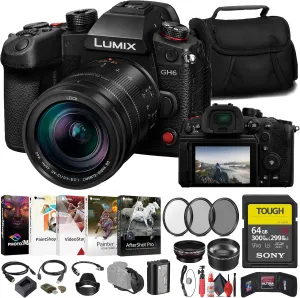 Panasonic Lumix GH6 Mirrorless Camera with 12-60mm f/2.8-4 Lens (DC-GH6LK)   Sony 64GB Tough SD Card   Filter Kit   Wide Angle Lens   Telephoto Lens   Lens Hood   More (Renewed)