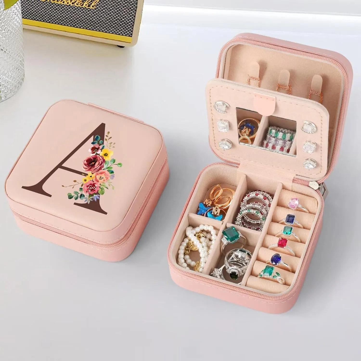Parima Gifts for Women - Women Gifts Idea, Personalized Birthday Gifts, Travel Jewelry Case Organizer Initial Small Jewelry Box, Woman selfcare gifts - Letter A, Pink