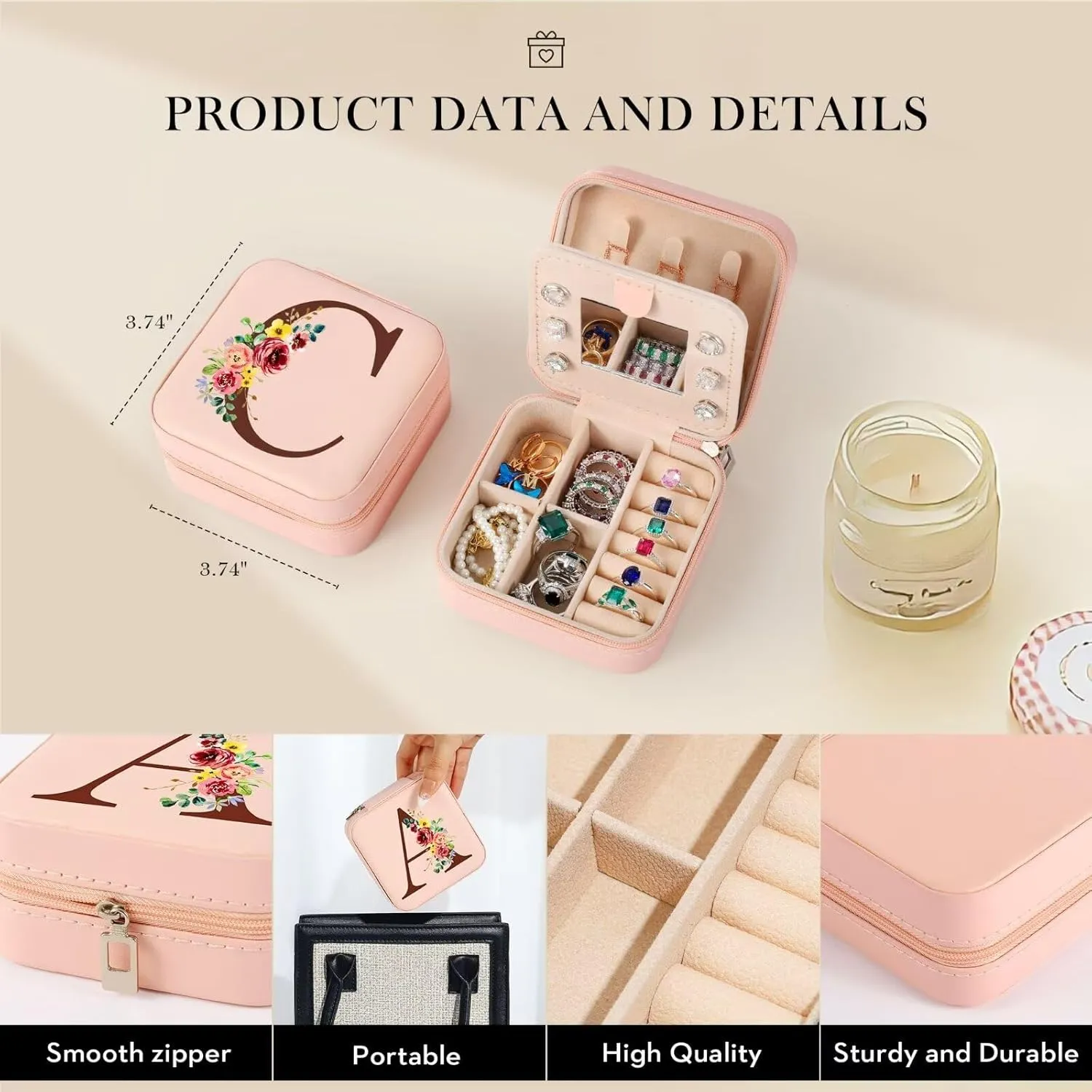 Parima Gifts for Women - Women Gifts Idea, Personalized Birthday Gifts, Travel Jewelry Case Organizer Initial Small Jewelry Box, Woman selfcare gifts - Letter A, Pink