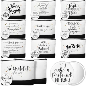Paterr 20 Pcs Employee Appreciation Gifts Bulk for Women 10 Inspirational Canvas Makeup Bags with Zipper and 10 Mini Compact Mirrors Thank You Gifts for Assistant Student Teacher Nurse(Thank You)