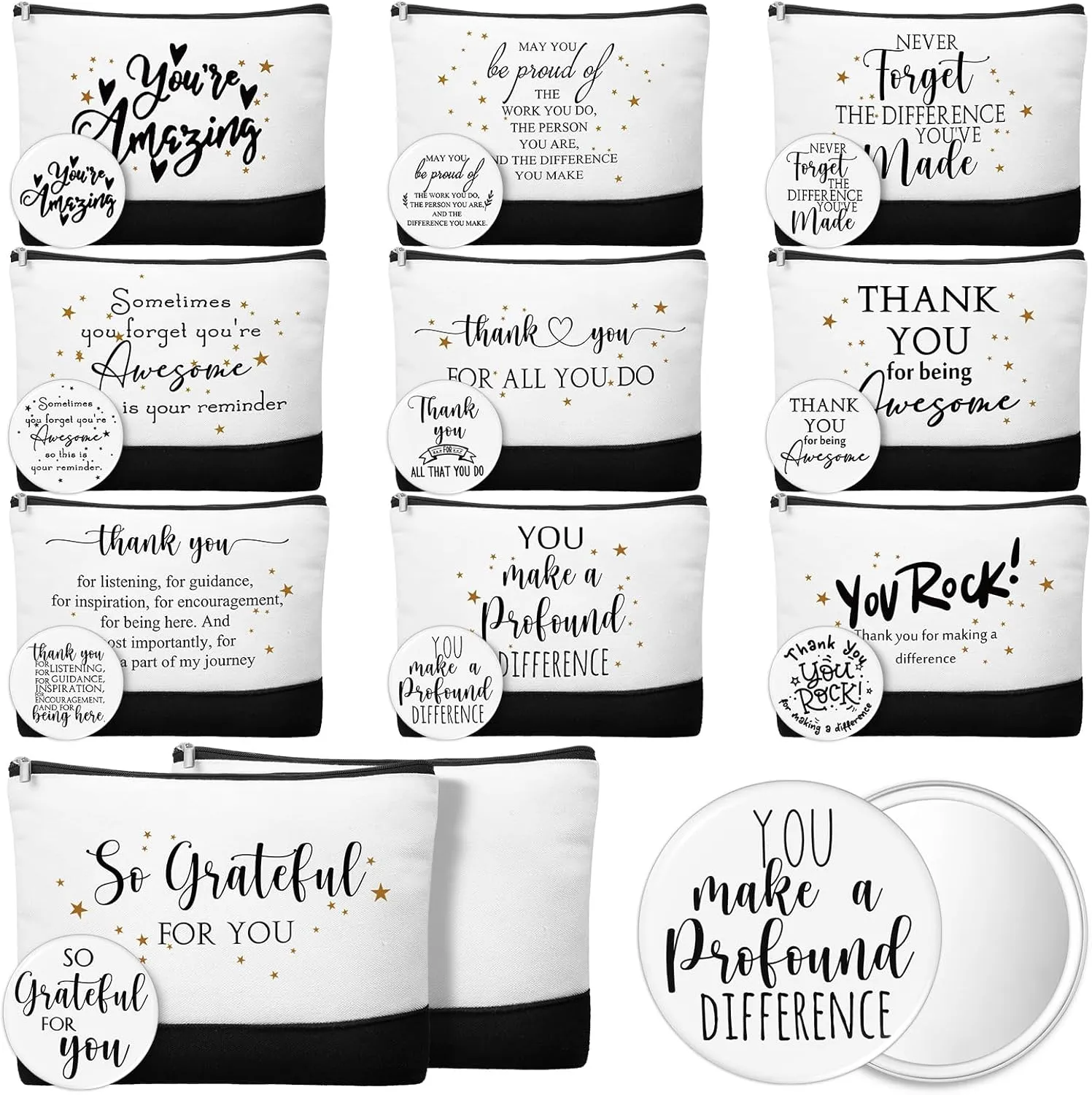 Paterr 20 Pcs Employee Appreciation Gifts Bulk for Women 10 Inspirational Canvas Makeup Bags with Zipper and 10 Mini Compact Mirrors Thank You Gifts for Assistant Student Teacher Nurse(Thank You)
