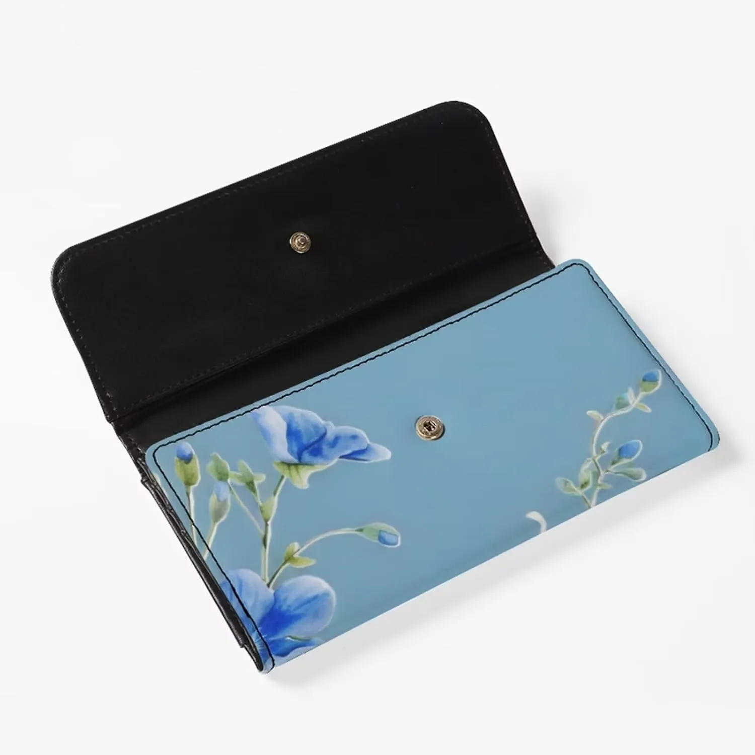 Pattern Blue Flowers 2 Long Clutch for Ladies Womens Large Luxury Women's RFID Blocking Tri-fold Leather Wallet Large Capacity Ladies Purse Dust Resistnt Wallet