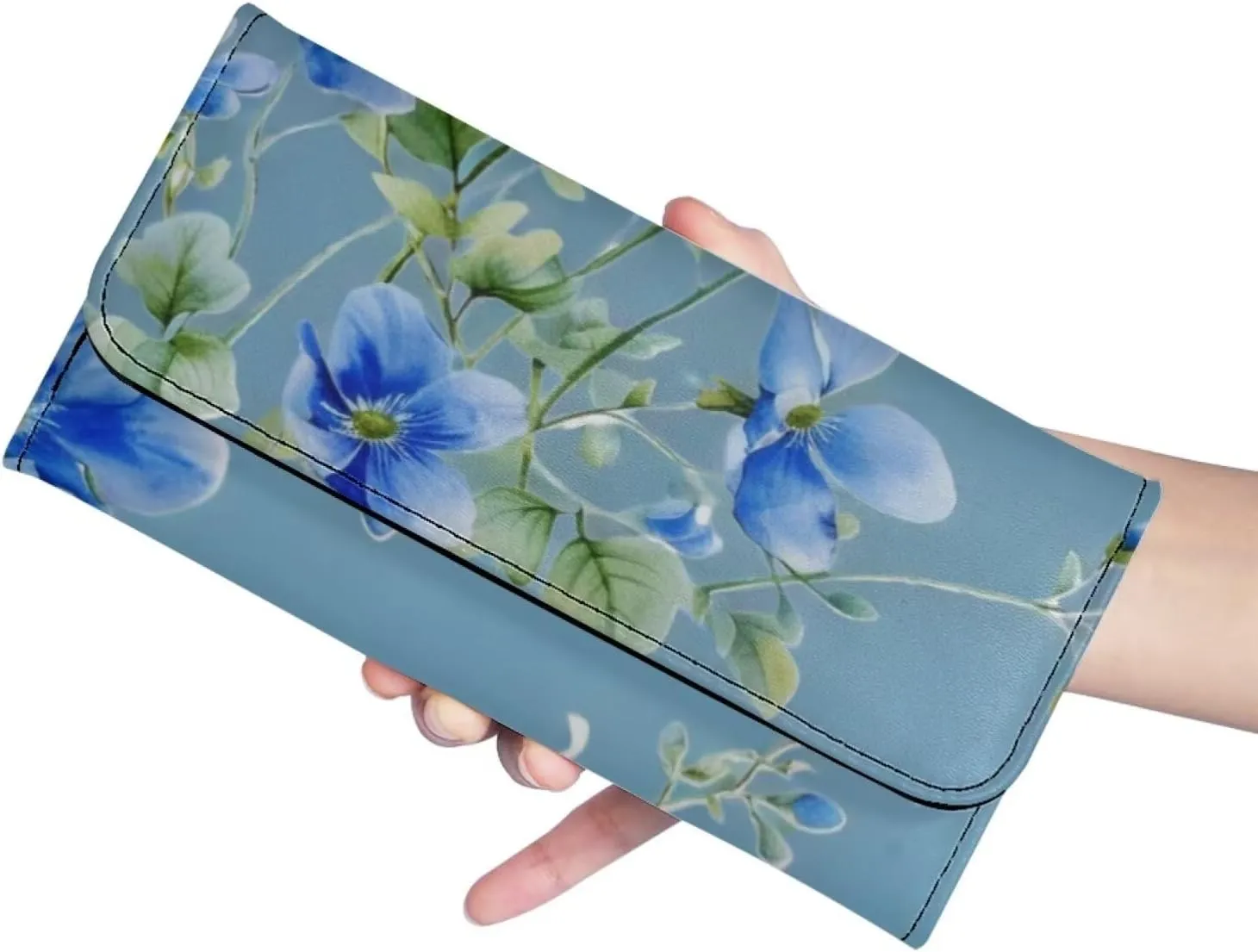 Pattern Blue Flowers 2 Long Clutch for Ladies Womens Large Luxury Women's RFID Blocking Tri-fold Leather Wallet Large Capacity Ladies Purse Dust Resistnt Wallet