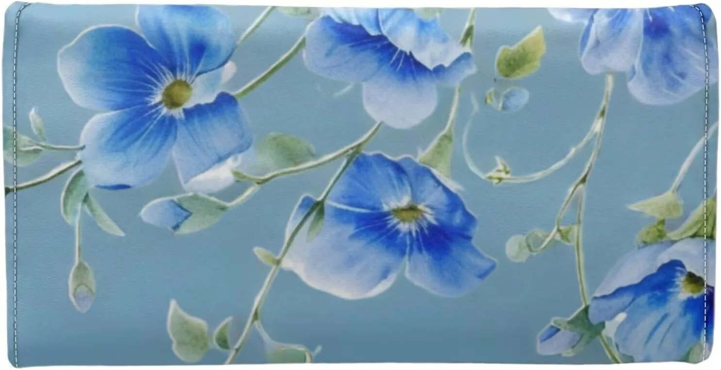 Pattern Blue Flowers 2 Long Clutch for Ladies Womens Large Luxury Women's RFID Blocking Tri-fold Leather Wallet Large Capacity Ladies Purse Dust Resistnt Wallet