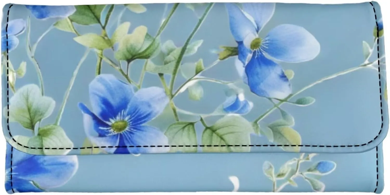 Pattern Blue Flowers 2 Long Clutch for Ladies Womens Large Luxury Women's RFID Blocking Tri-fold Leather Wallet Large Capacity Ladies Purse Dust Resistnt Wallet