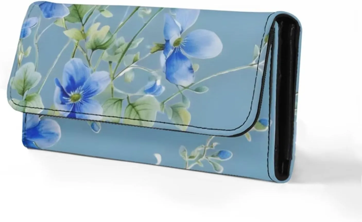 Pattern Blue Flowers 2 Long Clutch for Ladies Womens Large Luxury Women's RFID Blocking Tri-fold Leather Wallet Large Capacity Ladies Purse Dust Resistnt Wallet