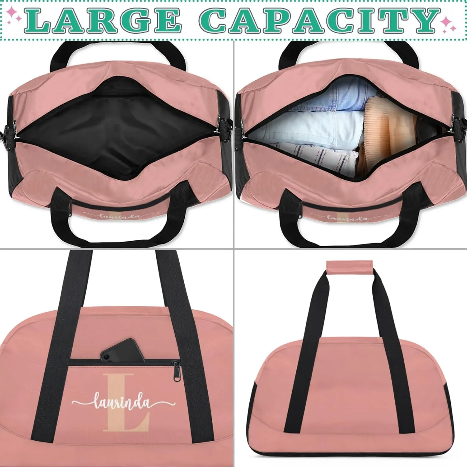 Personalize-Kids-Pink-Duffel-Bags With Custom Initial Name Dance-Sports-Bags Lightweight Carry-On Overnight Gym Travel for Girls Boys