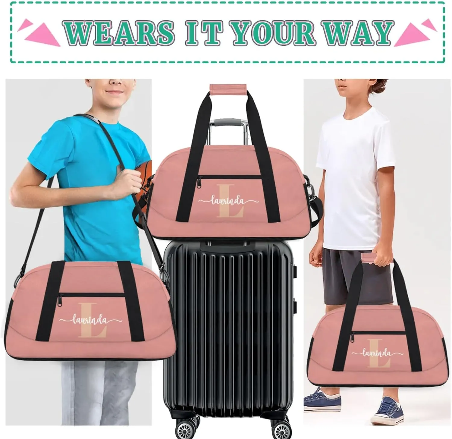 Personalize-Kids-Pink-Duffel-Bags With Custom Initial Name Dance-Sports-Bags Lightweight Carry-On Overnight Gym Travel for Girls Boys