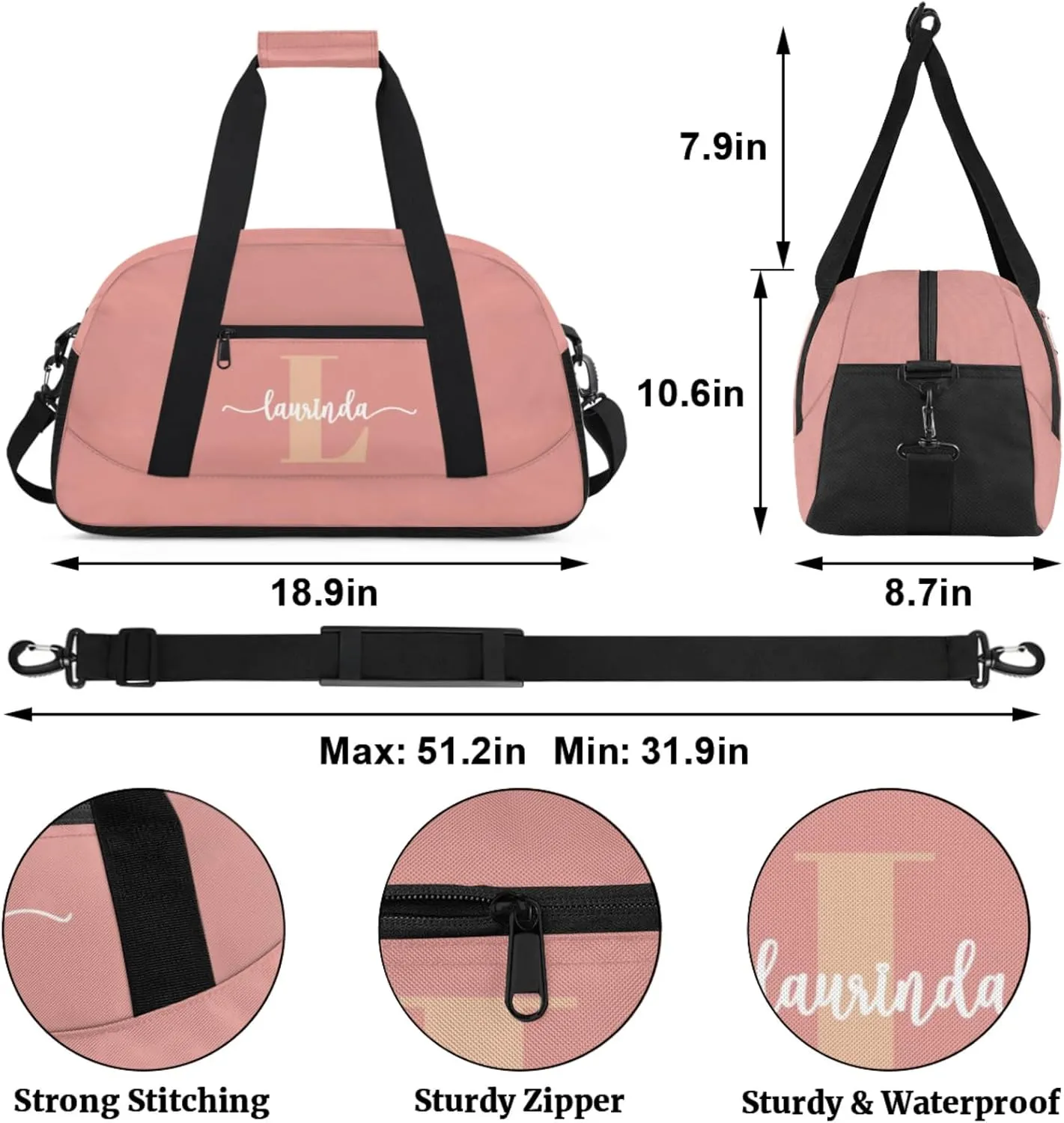 Personalize-Kids-Pink-Duffel-Bags With Custom Initial Name Dance-Sports-Bags Lightweight Carry-On Overnight Gym Travel for Girls Boys