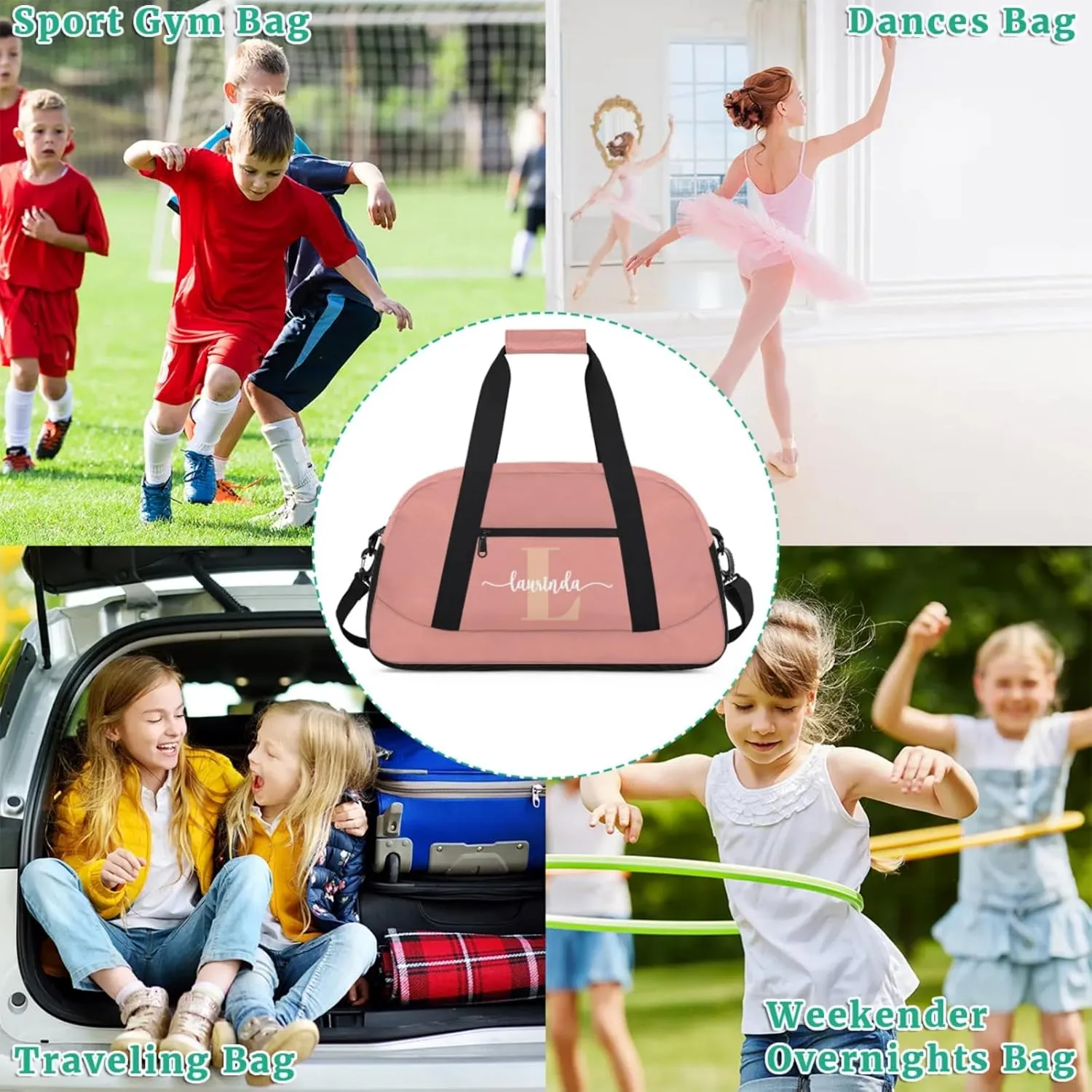 Personalize-Kids-Pink-Duffel-Bags With Custom Initial Name Dance-Sports-Bags Lightweight Carry-On Overnight Gym Travel for Girls Boys