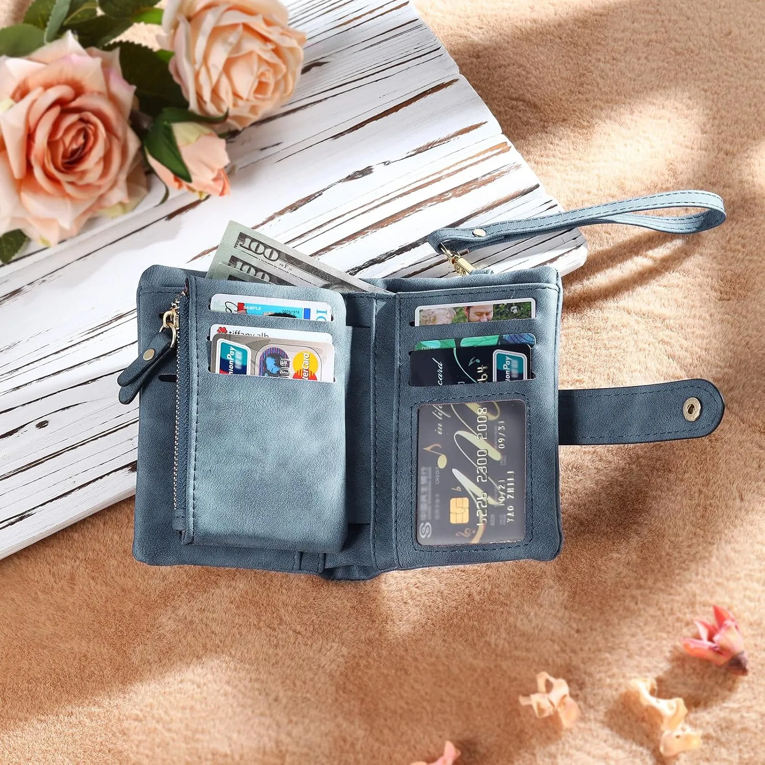 Personalized Birth Flower Wallet for Women Custom Wristlet Wallets with Name Small Leather Wallet Purse for Women Card Holder Wallet Gifts for Mom Grandma (Blue)