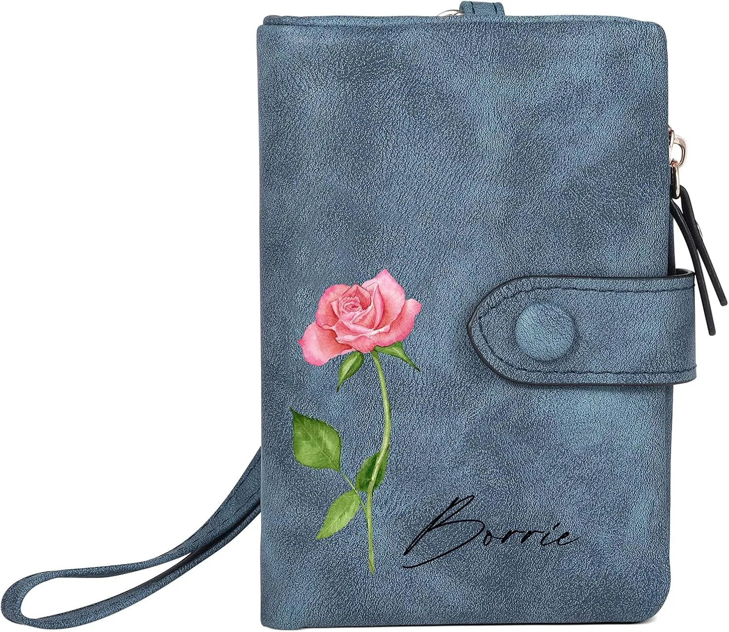 Personalized Birth Flower Wallet for Women Custom Wristlet Wallets with Name Small Leather Wallet Purse for Women Card Holder Wallet Gifts for Mom Grandma (Blue)