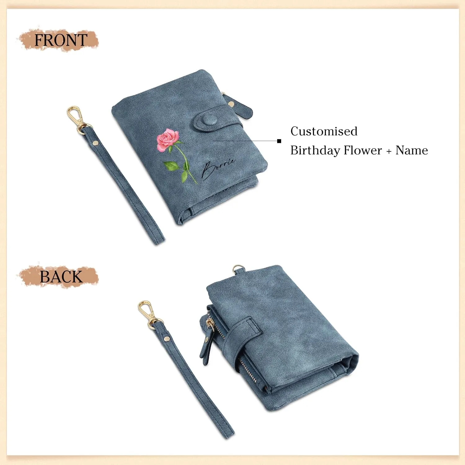 Personalized Birth Flower Wallet for Women Custom Wristlet Wallets with Name Small Leather Wallet Purse for Women Card Holder Wallet Gifts for Mom Grandma (Blue)