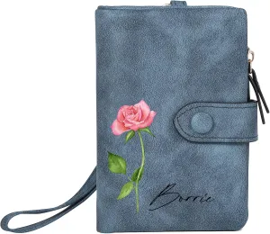 Personalized Birth Flower Wallet for Women Custom Wristlet Wallets with Name Small Leather Wallet Purse for Women Card Holder Wallet Gifts for Mom Grandma (Blue)
