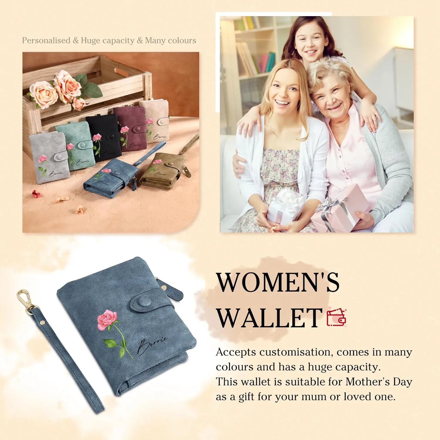 Personalized Birth Flower Wallet for Women Custom Wristlet Wallets with Name Small Leather Wallet Purse for Women Card Holder Wallet Gifts for Mom Grandma (Blue)