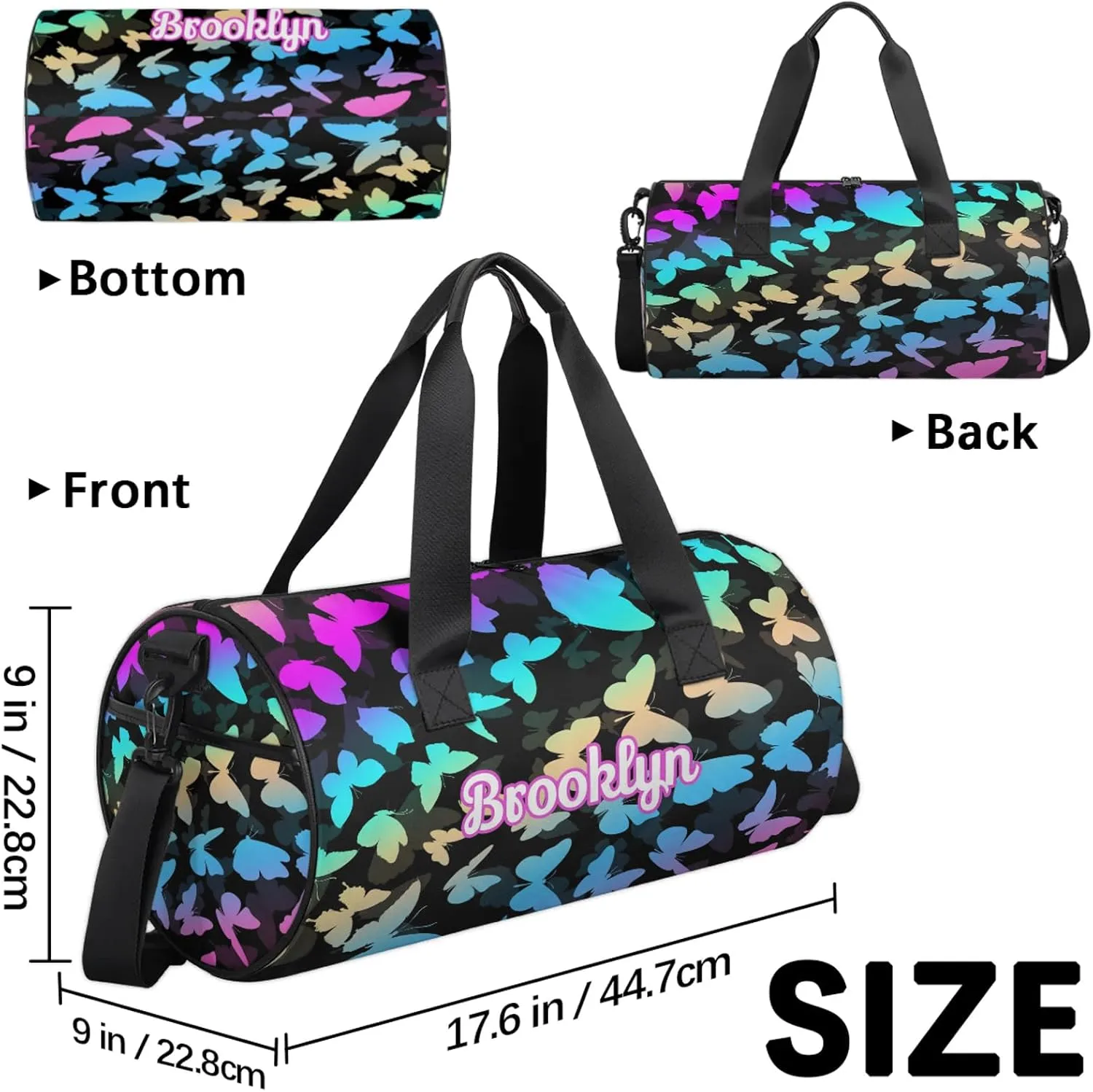 Personalized Butterfly Duffel Bag with Name Round Custom Travel Sports Bag for Women Men Waterproof Dance Ballet Bag Lightweight 17.6in, Blue Purple
