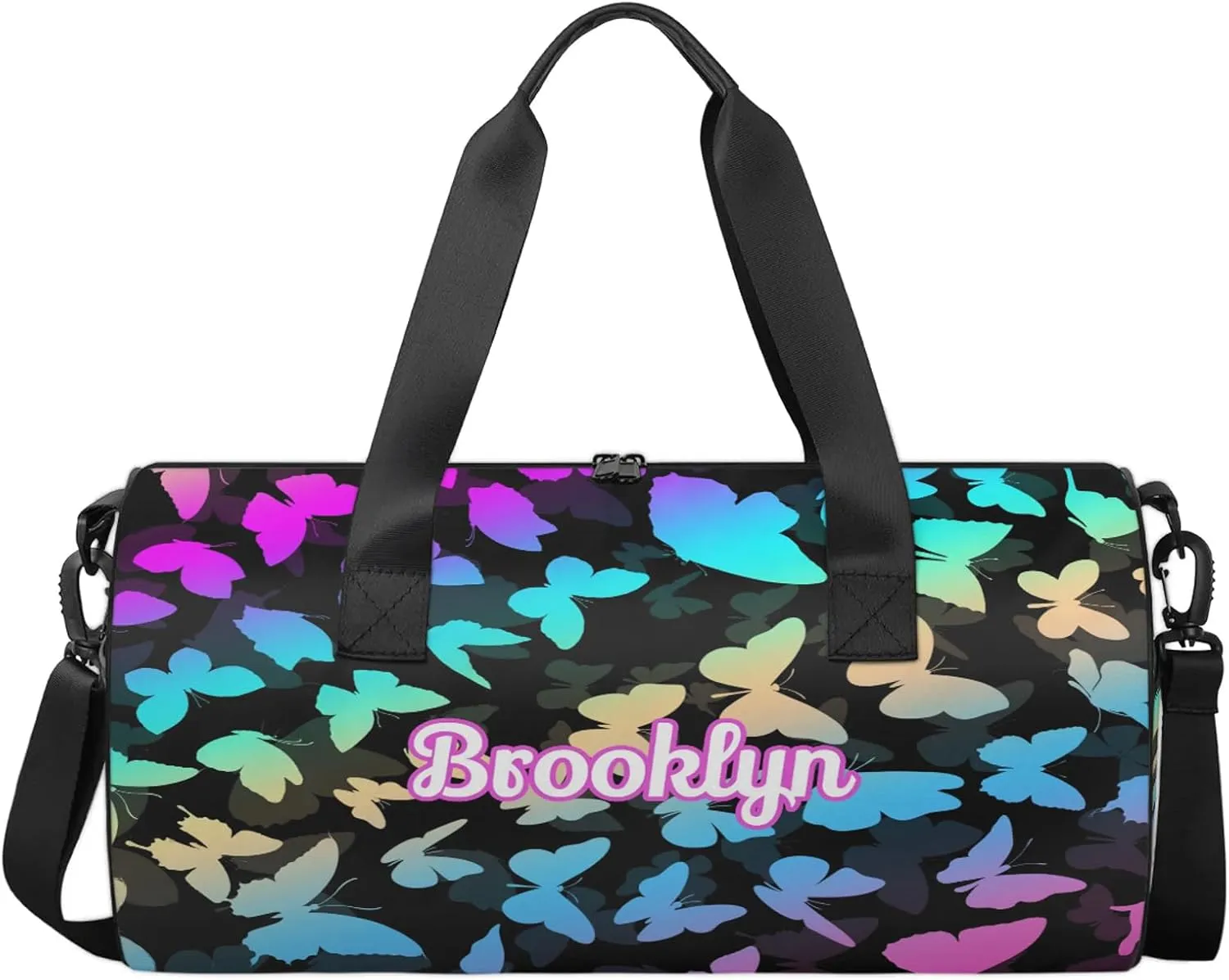 Personalized Butterfly Duffel Bag with Name Round Custom Travel Sports Bag for Women Men Waterproof Dance Ballet Bag Lightweight 17.6in, Blue Purple