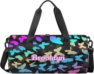 Personalized Butterfly Duffel Bag with Name Round Custom Travel Sports Bag for Women Men Waterproof Dance Ballet Bag Lightweight 17.6in, Blue Purple