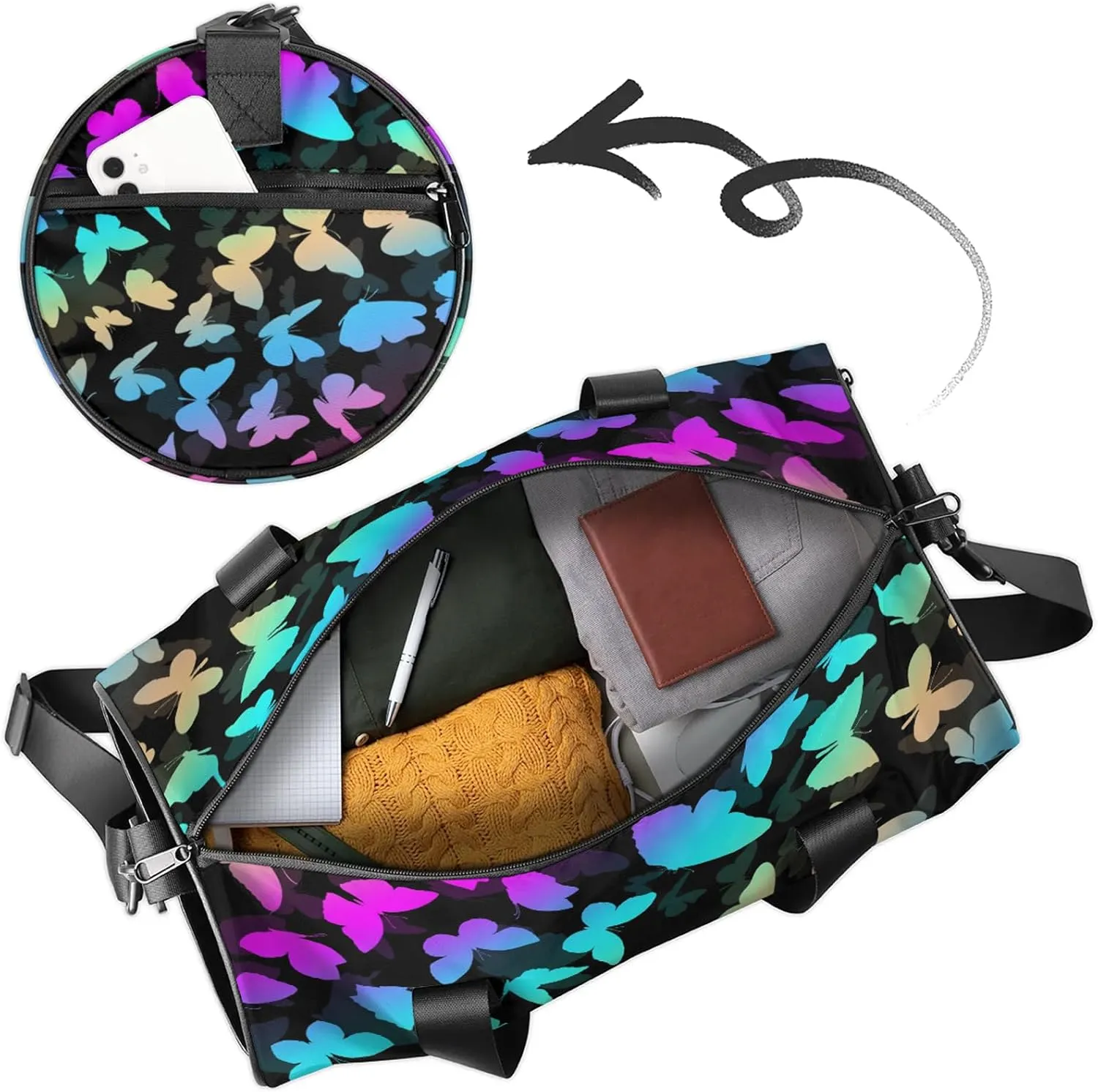 Personalized Butterfly Duffel Bag with Name Round Custom Travel Sports Bag for Women Men Waterproof Dance Ballet Bag Lightweight 17.6in, Blue Purple