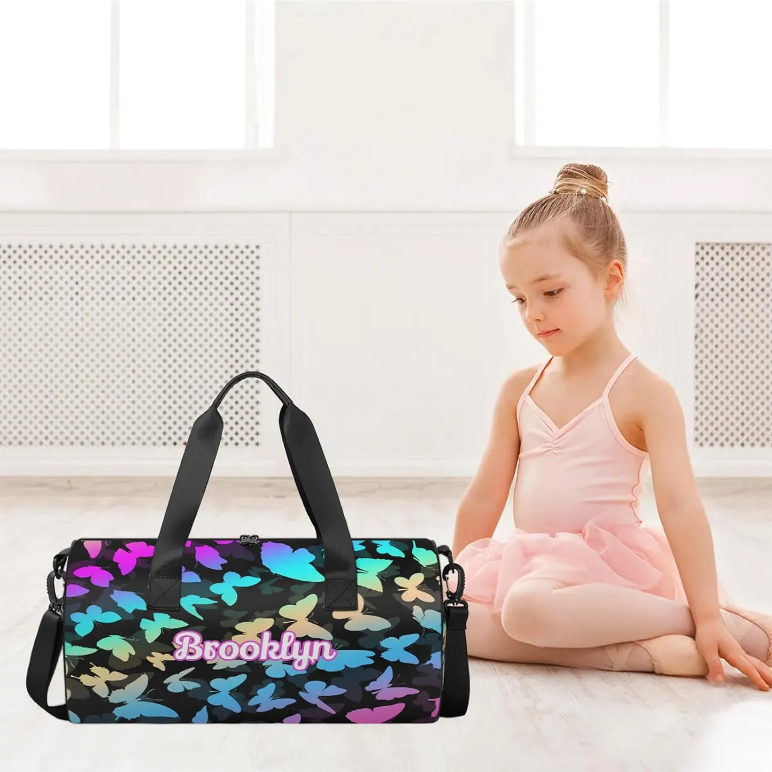 Personalized Butterfly Duffel Bag with Name Round Custom Travel Sports Bag for Women Men Waterproof Dance Ballet Bag Lightweight 17.6in, Blue Purple