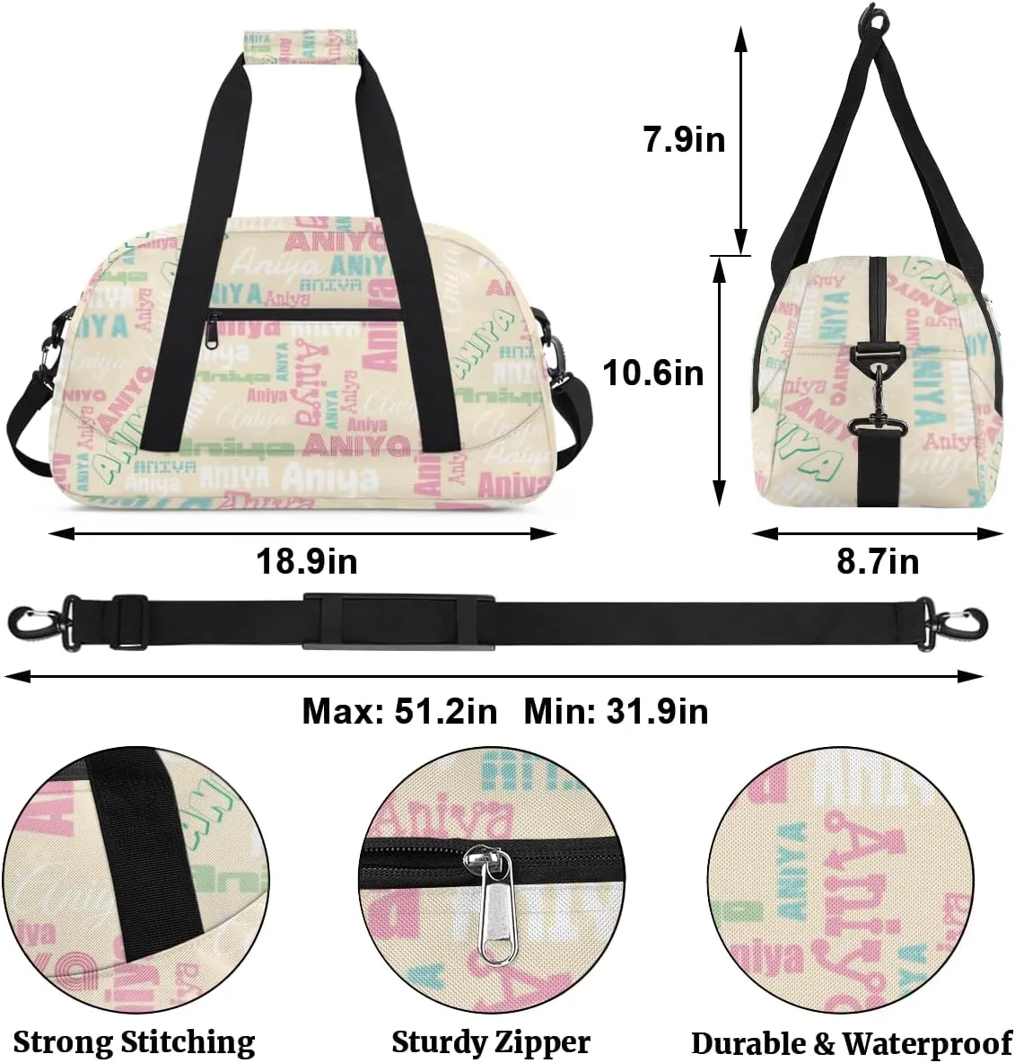 Personalized Dance Bag for Girls Boys Kids, Custom Gym Bag Overnight Small Duffel Bag with Padded Handles Carry On Weekend Sports Travel Bag for School Practice, Dense Text Apricot Multicolor