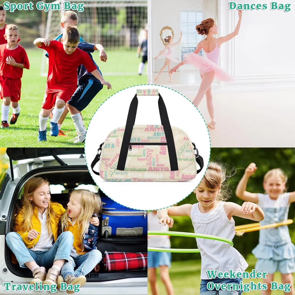 Personalized Dance Bag for Girls Boys Kids, Custom Gym Bag Overnight Small Duffel Bag with Padded Handles Carry On Weekend Sports Travel Bag for School Practice, Dense Text Apricot Multicolor