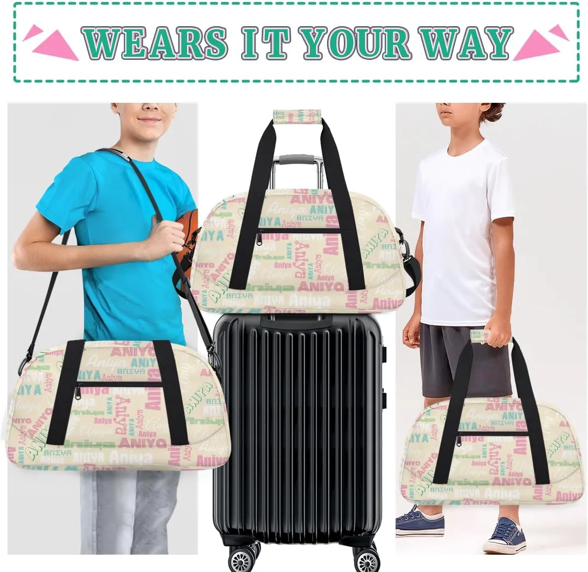 Personalized Dance Bag for Girls Boys Kids, Custom Gym Bag Overnight Small Duffel Bag with Padded Handles Carry On Weekend Sports Travel Bag for School Practice, Dense Text Apricot Multicolor