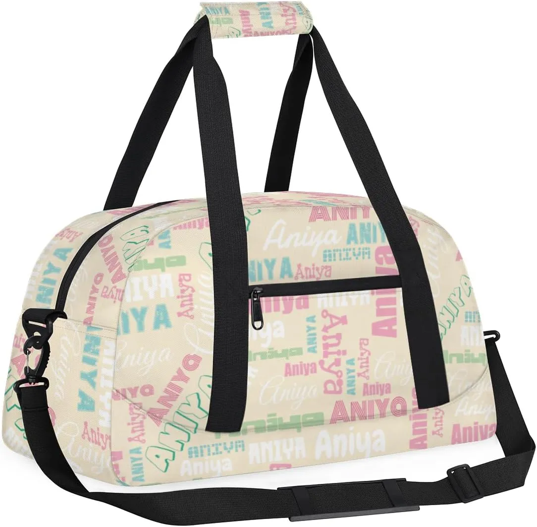 Personalized Dance Bag for Girls Boys Kids, Custom Gym Bag Overnight Small Duffel Bag with Padded Handles Carry On Weekend Sports Travel Bag for School Practice, Dense Text Apricot Multicolor