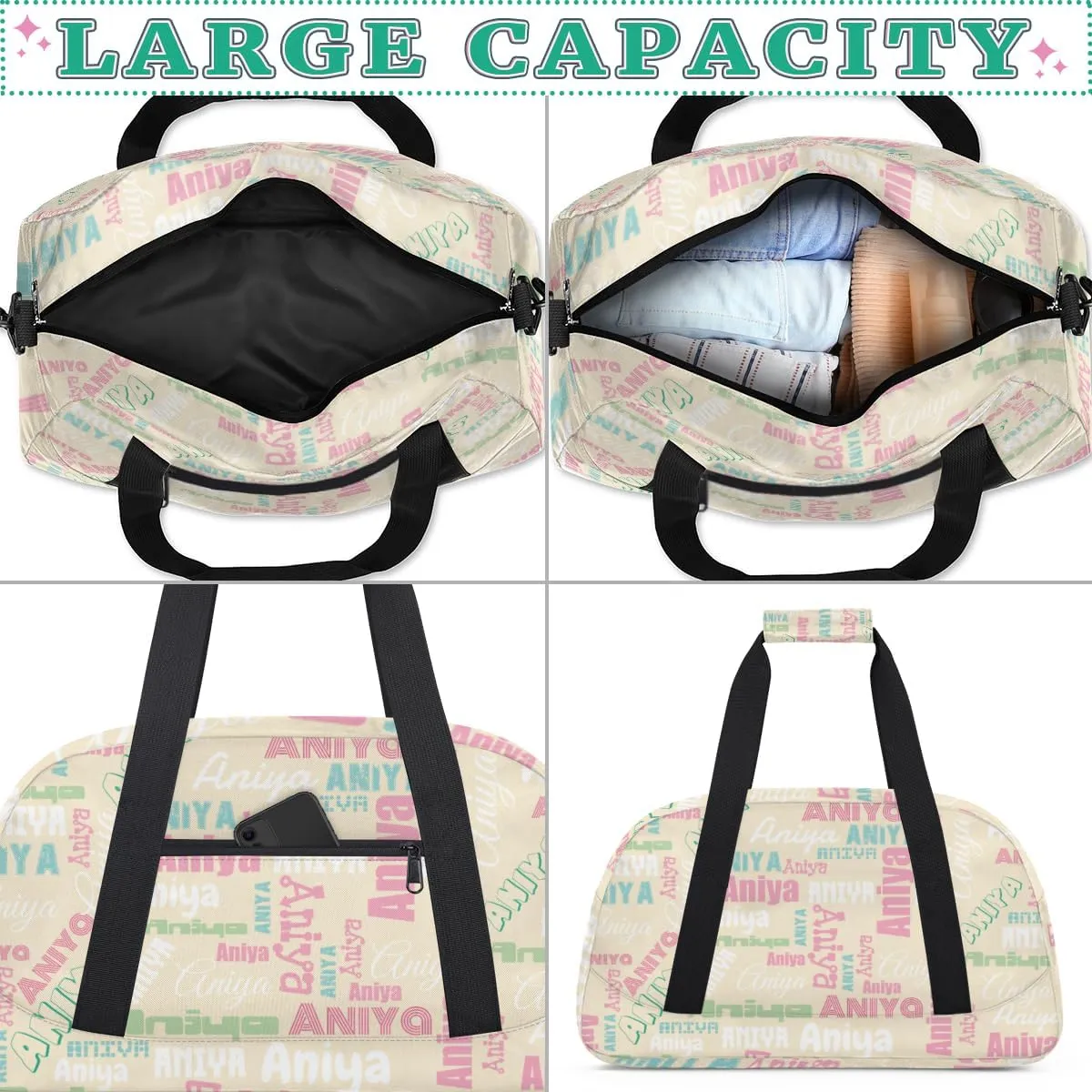 Personalized Dance Bag for Girls Boys Kids, Custom Gym Bag Overnight Small Duffel Bag with Padded Handles Carry On Weekend Sports Travel Bag for School Practice, Dense Text Apricot Multicolor