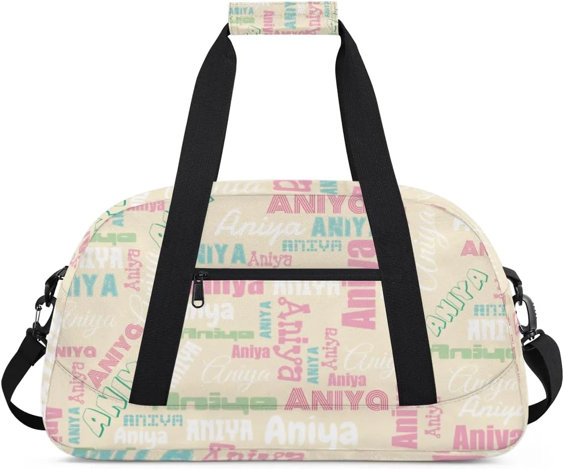 Personalized Dance Bag for Girls Boys Kids, Custom Gym Bag Overnight Small Duffel Bag with Padded Handles Carry On Weekend Sports Travel Bag for School Practice, Dense Text Apricot Multicolor