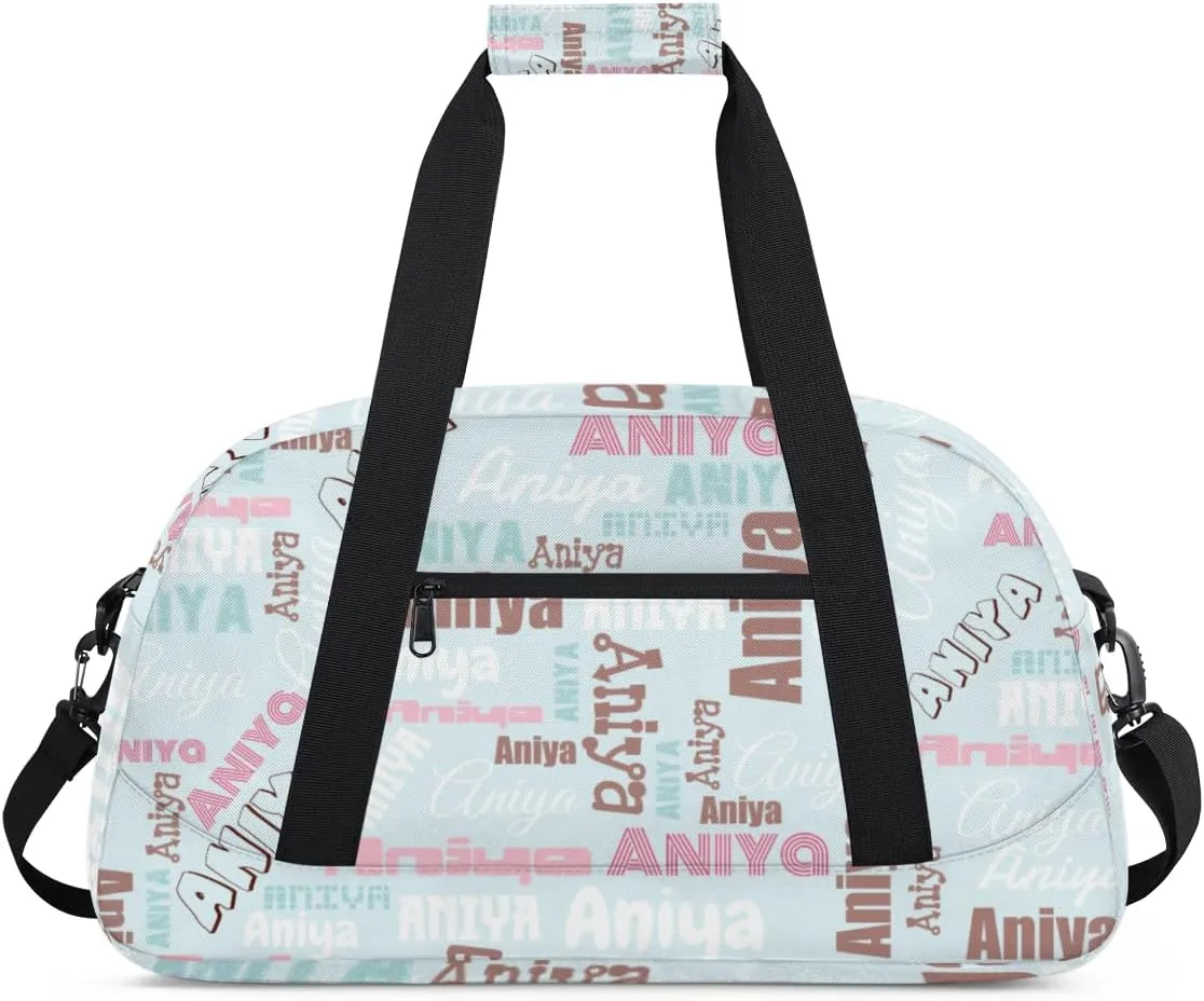 Personalized Dance Bag for Girls Boys Kids, Custom Gym Bag Overnight Small Duffel Bag with Padded Handles Carry On Weekend Sports Travel Bag for School Practice, Dense Text Light Blue Multicolor