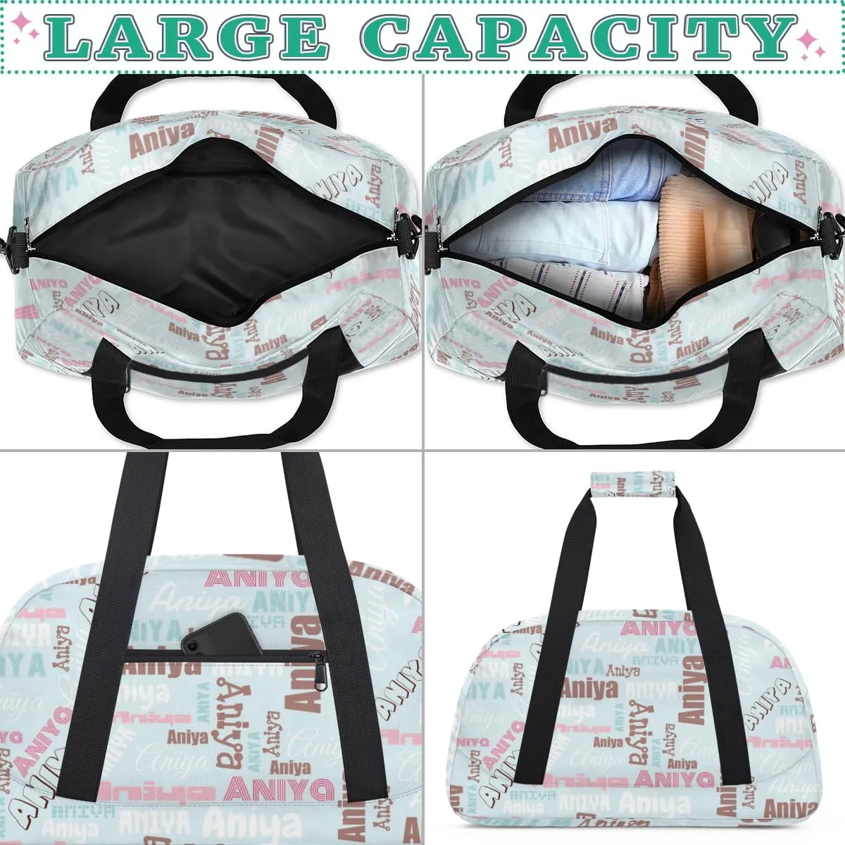 Personalized Dance Bag for Girls Boys Kids, Custom Gym Bag Overnight Small Duffel Bag with Padded Handles Carry On Weekend Sports Travel Bag for School Practice, Dense Text Light Blue Multicolor