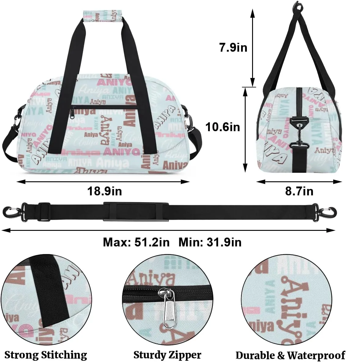 Personalized Dance Bag for Girls Boys Kids, Custom Gym Bag Overnight Small Duffel Bag with Padded Handles Carry On Weekend Sports Travel Bag for School Practice, Dense Text Light Blue Multicolor