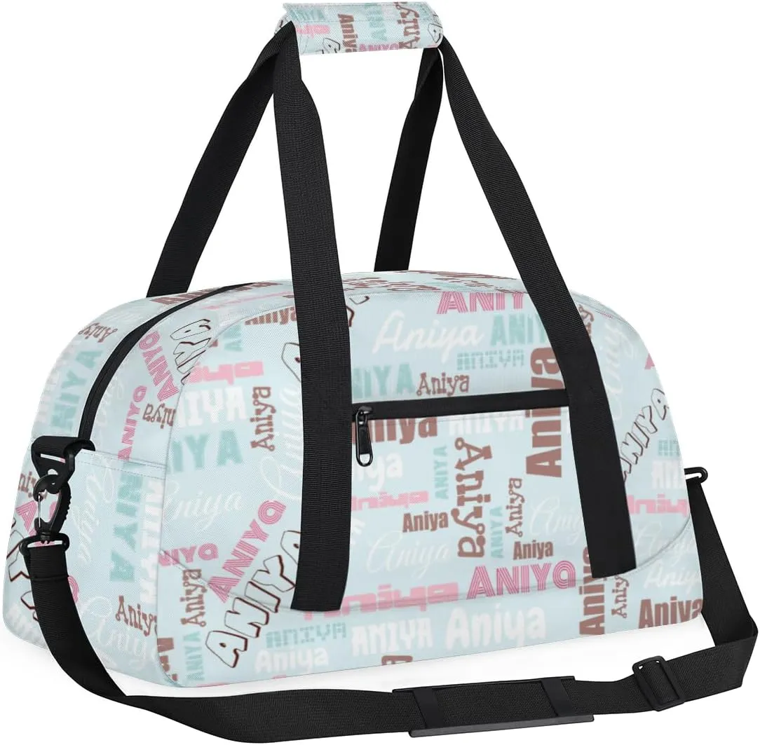 Personalized Dance Bag for Girls Boys Kids, Custom Gym Bag Overnight Small Duffel Bag with Padded Handles Carry On Weekend Sports Travel Bag for School Practice, Dense Text Light Blue Multicolor