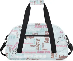 Personalized Dance Bag for Girls Boys Kids, Custom Gym Bag Overnight Small Duffel Bag with Padded Handles Carry On Weekend Sports Travel Bag for School Practice, Dense Text Light Blue Multicolor