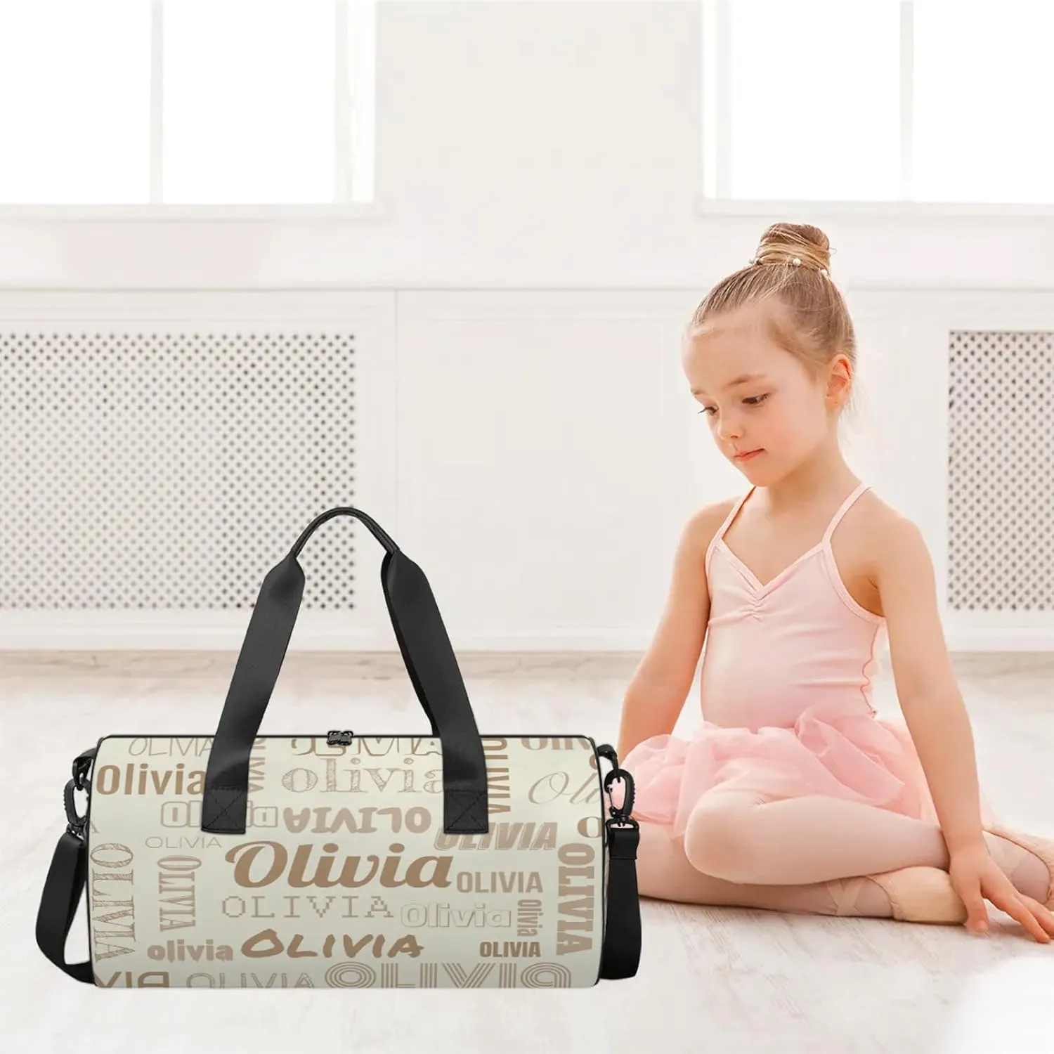 Personalized Duffel Bag with Name Custom Travel Sports Bag for Women Men Waterproof Round Dance Ballet Bag Lightweight 17.6in, Beige
